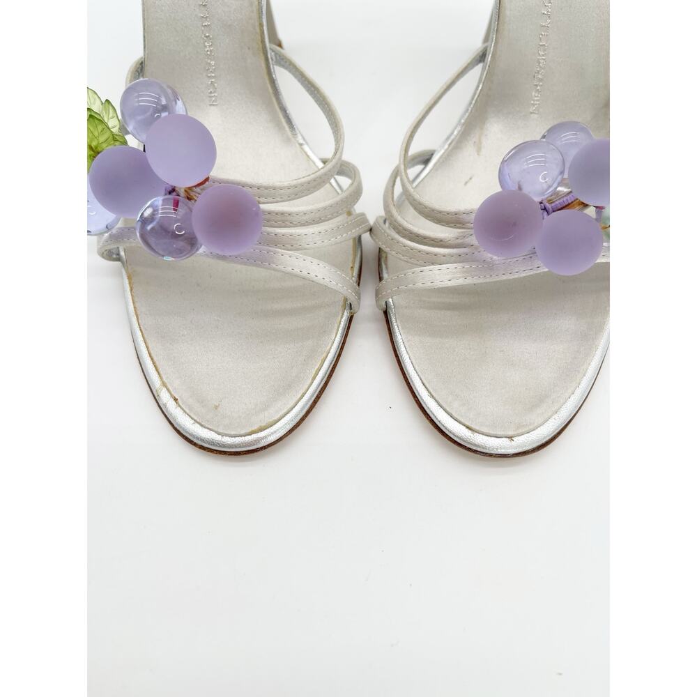 Giuseppe Zanotti Vintage Silver Satin Grape Embellished Mule Sandal Heels IT 38 - Picture 10 of 15